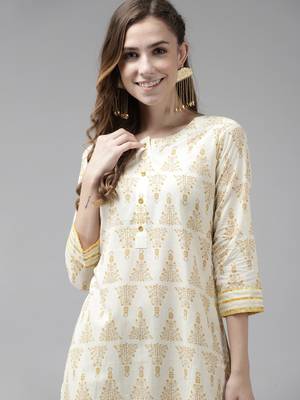 Indo Era Off White Foil Printed Straight Kurtas 5