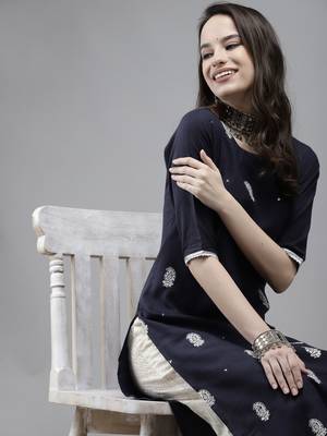 Indo Era Navy Blue Embroidery Kurta 5