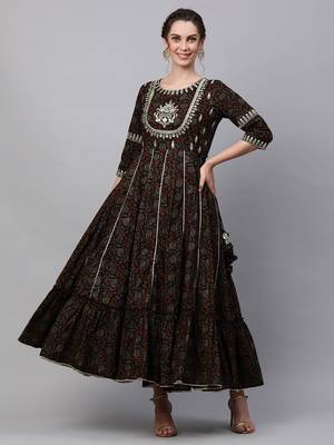 Indo Era Black Floral  Print Flaired Anarkali Kurta 1