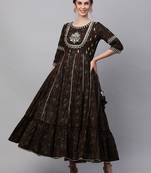 Indo Era Black Floral  Print Flaired Anarkali Kurta