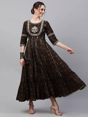 Indo Era Black Floral  Print Flaired Anarkali Kurta 5
