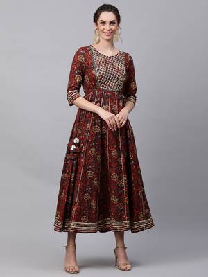 Indo Era Maroon Floral Print Flaired Anarkali Kurta 1