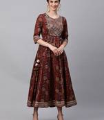 Indo Era Maroon Floral Print Flaired Anarkali Kurta