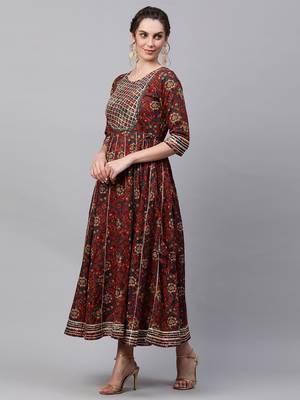Indo Era Maroon Floral Print Flaired Anarkali Kurta 4