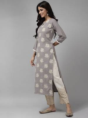 Indo Era Grey Printed Straight Kurta 3