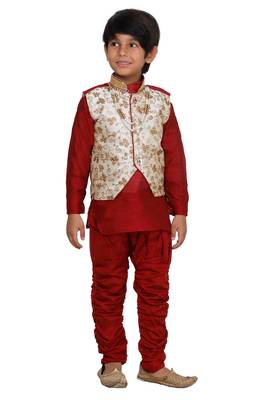 Maroon printed blended cotton boys-sherwani 1