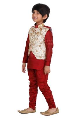 Maroon printed blended cotton boys-sherwani 3