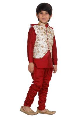 Maroon printed blended cotton boys-sherwani 4