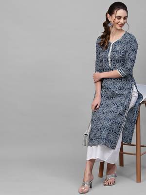 Indo Era Navy Blue Printed Kurta 4