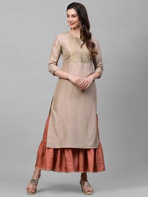 Indo Era Beige Solid Straight Kurta 1