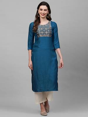 Indo Era Blue Solid Straight Kurta 1