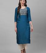 Indo Era Blue Solid Straight Kurta
