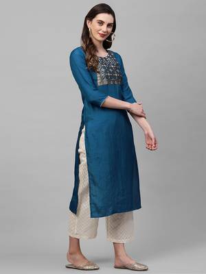 Indo Era Blue Solid Straight Kurta 4