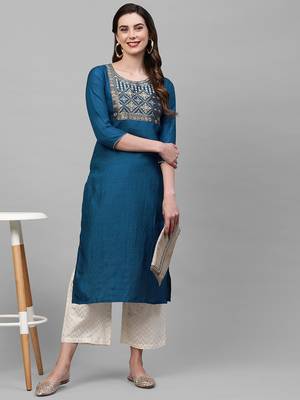 Indo Era Blue Solid Straight Kurta 5