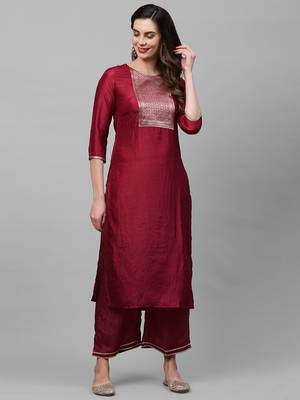 Indo Era Maroon Solid Straight Kurta 1