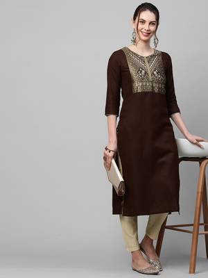 Indo Era Brown Solid Straight Kurta 1