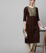 Indo Era Brown Solid Straight Kurta