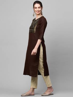 Indo Era Brown Solid Straight Kurta 3