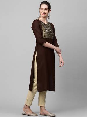 Indo Era Brown Solid Straight Kurta 4