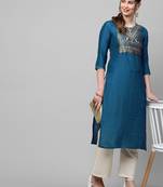 Indo Era Navy Blue Solid Straight Kurta