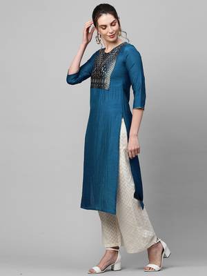 Indo Era Navy Blue Solid Straight Kurta 3