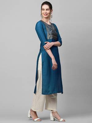 Indo Era Navy Blue Solid Straight Kurta 4