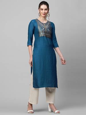 Indo Era Navy Blue Solid Straight Kurta 5