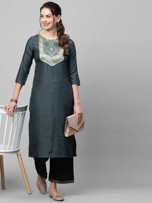 Indo Era Grey Solid Straight Kurta 1