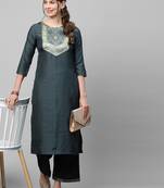 Indo Era Grey Solid Straight Kurta