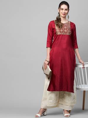 Indo Era Maroon Solid Straight Kurta 1