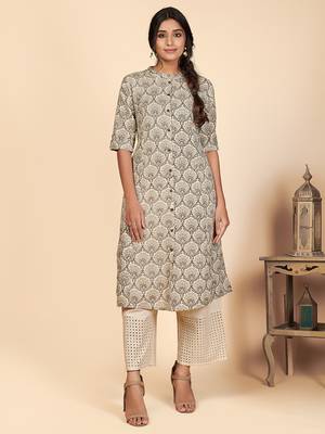 Vbuyz Women's Printed A Line Cotton Grey Stitched Kurta With Multiple Slit 1