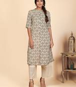 Vbuyz Women's Printed A Line Cotton Grey Stitched Kurta With Multiple Slit
