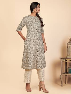 Vbuyz Women's Printed A Line Cotton Grey Stitched Kurta With Multiple Slit 4