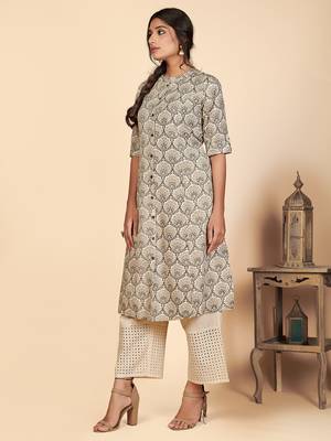 Vbuyz Women's Printed A Line Cotton Grey Stitched Kurta With Multiple Slit 5