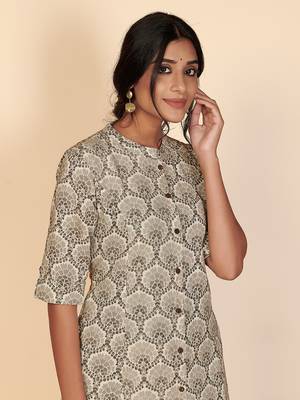 Vbuyz Women's Printed A Line Cotton Grey Stitched Kurta With Multiple Slit 6