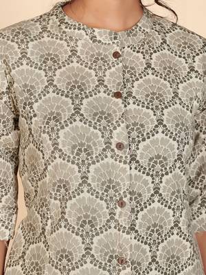Vbuyz Women's Printed A Line Cotton Grey Stitched Kurta With Multiple Slit 7