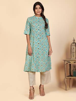 Vbuyz Women's Printed A Line Cotton Sky Blue Stitched Kurta With Multiple Slit 1
