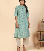 Vbuyz Women's Printed A Line Cotton Sky Blue Stitched Kurta With Multiple Slit