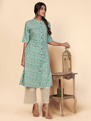 Vbuyz Women's Printed A Line Cotton Sky Blue Stitched Kurta With Multiple Slit 2