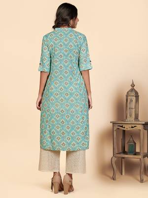 Vbuyz Women's Printed A Line Cotton Sky Blue Stitched Kurta With Multiple Slit 3