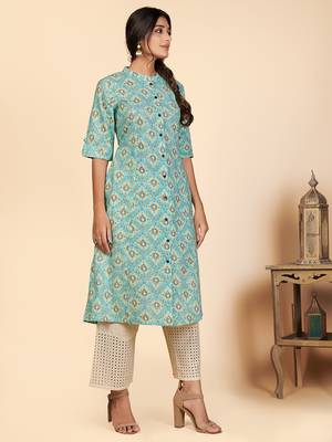 Vbuyz Women's Printed A Line Cotton Sky Blue Stitched Kurta With Multiple Slit 4