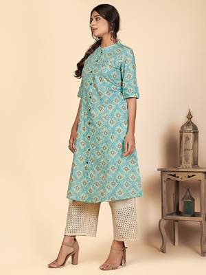 Vbuyz Women's Printed A Line Cotton Sky Blue Stitched Kurta With Multiple Slit 5
