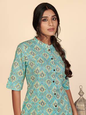 Vbuyz Women's Printed A Line Cotton Sky Blue Stitched Kurta With Multiple Slit 6