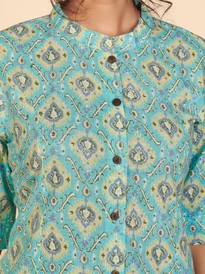 Vbuyz Women's Printed A Line Cotton Sky Blue Stitched Kurta With Multiple Slit 7