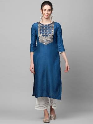 Indo Era Blue Solid Straight Kurta 1