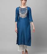Indo Era Blue Solid Straight Kurta