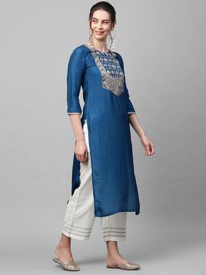 Indo Era Blue Solid Straight Kurta 3