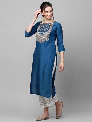Indo Era Blue Solid Straight Kurta 4