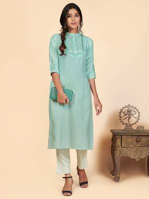 Vbuyz Women's Printed & Embroidered Straight Cotton Turquoise Stitched Kurta 1
