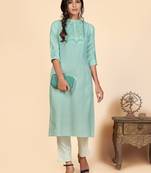 Vbuyz Women's Printed & Embroidered Straight Cotton Turquoise Stitched Kurta